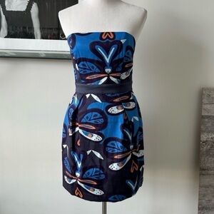 French Connection Strapless Dress with Blue and Black Floral Design